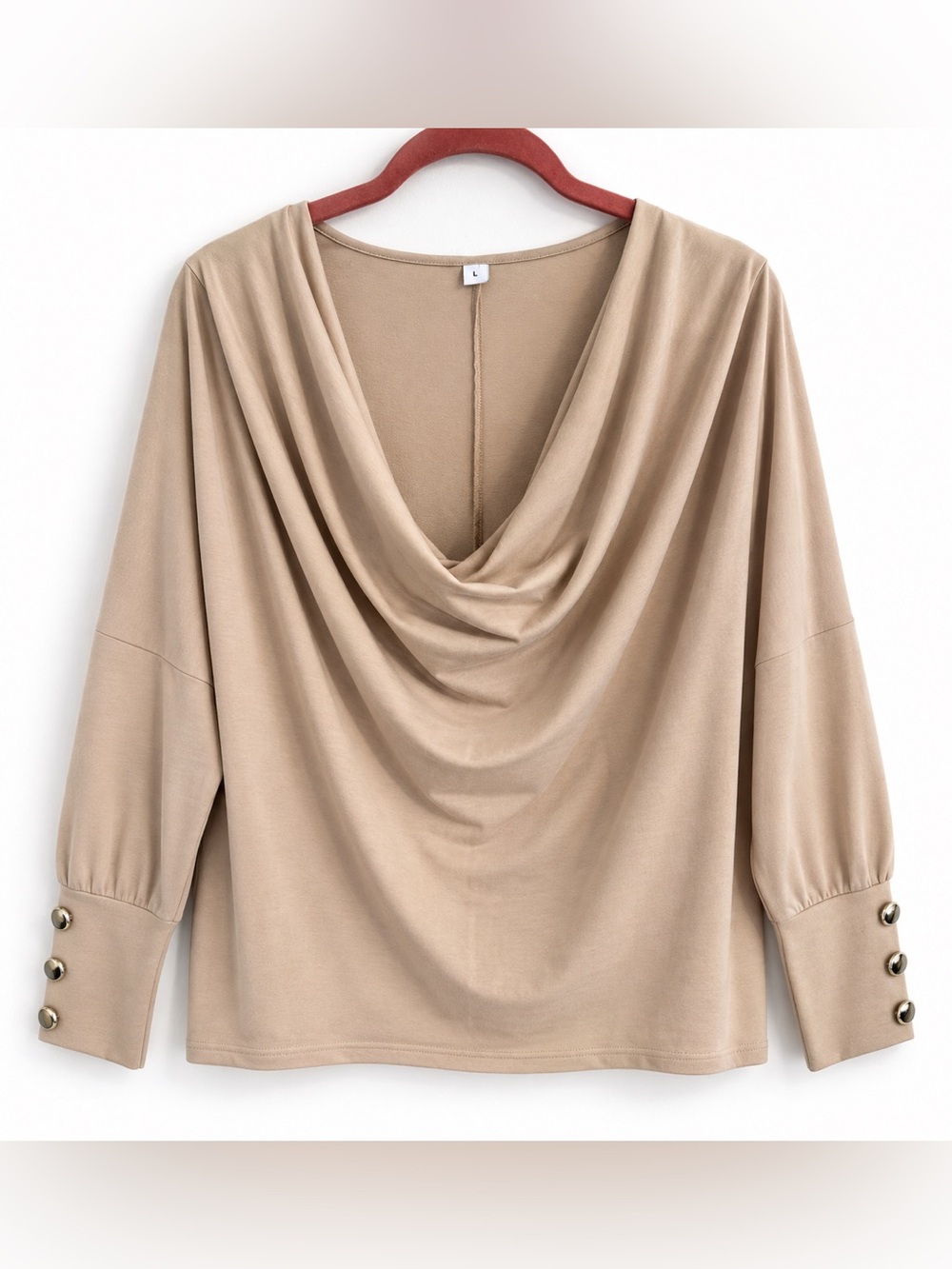 Taupe Cowl Neck Top L Oversized Dolman Sleeve Silver Button Cuff Quiet Luxury